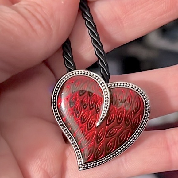 NWOT ♥️ LIA SOPHIA 15” RED & SILVER HEART PENDANT ON BLACK ROPE CHAIN NECKLACE - Picture 2 of 11